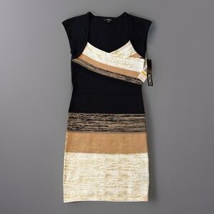 NWT - XOXO Bandage Dress Womens Size Medium Midi Bodycon Black Brown Tan